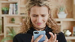 Teenager, scroll and confused in home with phone, social media post and notification for text message. Girl, frown and reading blog in house with tech, browsing website or mobile app for online chat.