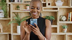 Phone, scroll and black woman in office with smile, online trend or research for social media marketing. Happy, female person and reading in workplace with tech, mobile app or website for advertising
