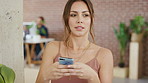 Business, smartphone and woman in office, thinking and internet for social media, ideas or choice. Person, reflection or employee in workplace, cellphone or message to contact, decision or thoughtful