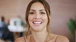 Face, funny and business woman in office as screenwriter, coworking and excited for career. Portrait, worker and professional employee laughing, script writer and happy person in creative agency