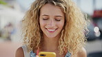 Reading, happy and woman with phone on city street, digital  attraction guide and sightseeing research. Internet, holiday or person with mobile for tourism site, navigation app or travel visitor blog