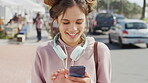 Student, girl and laugh with smartphone in city for online gossip, college break or social media post. Gen z, happy person or scroll with phone in urban town for funny university portal, chat or meme