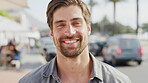 Face, travel or man with smile on city street, summer break holiday or overseas weekend trip for tourism. Portrait, confident and person with happiness for vacation, outdoor and sightseeing in Miami