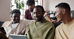 Smile, tablet and talking with friends on sofa in home living room for bonding, break or weekend. App, streaming and subscription service with men in apartment together for conversation or discussion