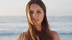 Face, woman and beach for vacation, smile and weekend break for tropical island. Person, tourism and ocean for getaway trip, happiness and nature with summer holiday, satisfaction and coast for fun