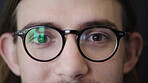 Face, eyes or man with glasses at optometry clinic, eyesight correction or prescription lenses for myopia. Frame test, eye exam or person with specs to improve vision, ophthalmology or ocular health