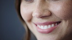 Smile, dentist and mouth of woman with space for oral wellness, teeth whitening and dental treatment. Healthcare, happy and person with closeup for orthodontics, gum hygiene and cleaning in studio