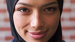 Face, business and Muslim woman in office, smile and writer with publishing industry. Islamic person, copywriting and professional in workplace, hijab and creative agency for news report and editor