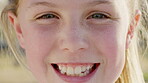 Face, teeth and happy child in nature for dental wellness, orthodontics and gum care for dentistry. Portrait, smile and girl with oral health outdoor, development and shine with mouth hygiene