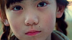 Breeze, children and face of Asian girl outdoor in morning for development or growth in summer. Calm, morning and windy with adorable kid in nature to relax for peaceful holiday, travel or wellness