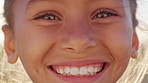 Face, teeth and happy child with dental wellness, orthodontics and gum care for dentistry with wind. Portrait, smile and girl with oral health outdoor, development and closeup for mouth hygiene