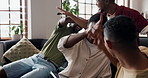 High five, tablet and victory with friends on sofa in home living room for sports streaming. App, celebration and competition with group of excited people in apartment for achievement or team support
