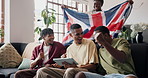 Tablet, friends and win in apartment with sports game, cheering or fist pump with British flag. Tech, watch match and celebrate with men, handshake or excited fans with union jack for national team