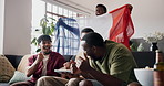Tablet, friends and win in home with sports game, streaming video or fist pump with French flag. Technology, watch match and celebrate with men, handshake or excited fans cheering for national team