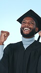 Excited, graduation and black man in studio to celebrate for university, college and academic success. School, happy and person with milestone for education, learning and studying on blue background