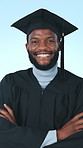 Face, graduation and black man in studio to celebrate for university, college and academic success. School, portrait and person with milestone for education, learning and studying on blue background