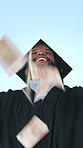 Graduation, money and winner with black man in studio for achievement, student bonus and success. Scholarship payout, future investment and cash with person on blue background for college funding