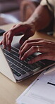 Typing, remote work or hands with laptop in coffee shop, snapshot testing or check software rendering. Computer, system report or man with program bugs tracking, freelancer or technical fault repair