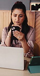 Technology, remote work or woman with phone in cafe, reading email or check domain for credibility. Tablet, cybersecurity or freelancer with mobile for web safety, portal reliability or secure access
