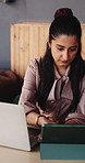Laptop, tablet and businesswoman in office with research for finance report with budget planning. Computer, digital technology and female financial manager typing for investment proposal in workplace