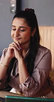 Laptop, think and woman in home office for remote work, social media marketing or planning ads. Computer, idea and freelance marketer in house with inspiration for post, smile or decision for review