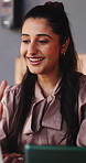 Happy woman, video call or discussion with wave in cafe for online meeting or webinar. Female person, freelancer or talking with smile, introduction or greeting for virtual chat or app in coffee shop