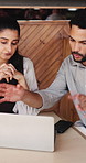 Laptop, management and talking with people in coffee shop for online booking schedule or planning. Collaboration, computer and conversation with team in cafe or restaurant for agenda or menu review