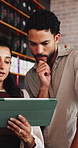 Management, people and talk in restaurant with tablet, menu development and planning for hospitality. Manager, team and discussion in diner with tech, booking website or problem solving for catering.