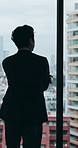 Thinking, back or businessman in office with insight, mindfulness or inspiration for company growth. Reflection, window or employee with idea, perspective or daydreaming on professional goals.