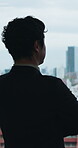 Thinking, back or businessman in agency with insight, mindfulness or inspiration for company growth. Reflection, window or employee with idea, perspective or daydreaming on professional goals.