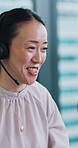 Call center, smile and crm with business asian woman in office for communication, customer service and chat. Virtual advisor, microphone and help desk consultant with employee for discussion 