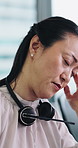 Tired, telemarketer and woman with headset in call center, breathing and consultant with exhaustion. Exhausted, agent and person with tech for lead generation, stretching and thinking with fatigue