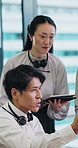 Telemarketing, team and people with tablet in office, conversation and planning for lead generation. Call center, agent and colleagues with tech for sales, meeting and collaboration for assignment