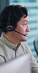 Call center, agent and communication with business man in office for crm, customer service and chat. Virtual advisor, microphone and help desk consultant with employee in agency for contact us