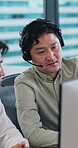 Call center, talk and mentor with business man in office for crm, customer service and chat. Virtual advisor, microphone and help desk consultant with employee in agency for contact us and team