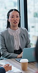 Meeting, manager or people in office with laptop, problem solving or funding idea in budget pitch. Brief, collaboration or finance consultants with tech, director feedback or investment plan in Japan
