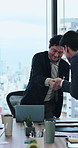 Accounting, business people and handshake in office for meeting, review or b2b deal for teamwork. Employees, investment report and tech for applause, revenue project and shaking hands in Japan