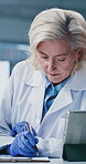 Clipboard, science or woman with microscope in lab, medical research or experiment info for breakthrough. Trial checklist, medicine study or mature scientist writing for exam notes, pharma or cure 