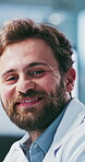 Science, face and smile with man in laboratory for vaccine research, disease cure and smile. Medical innovation, pride and experiment with person in clinic for healthcare discovery and biotechnology 