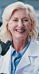 Microscope, woman and face of scientist in laboratory with medical research, study or project. Biotechnology, professional and portrait of mature female biologist with pharmaceutical breakthrough.