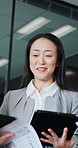 People, discussion and Asian woman in office with tablet, meeting and manager advice for finance report. Low angle, management and team with tech, paperwork and financial plan for business in Japan.