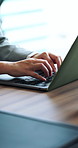 Business, hands and typing in office with laptop, audit research and planning for financial report. Finance, person and browsing in workplace with computer, website and email for accounting proposal.