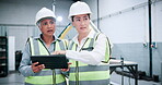 Robotics, factory and women with tablet for inspection, discussion and quality assurance on website. Machine facility, manager and planning for mechanical design, teamwork and meeting with technology
