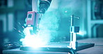 Robot, welding and empty at factory for manufacturing with sparks, material and process at industry plant. Machine, tools and robotics with automated workflow for efficiency at futuristic warehouse