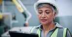 Factory, robotics and mature woman on tablet for assembly line, software update and inspection. Automation, industrial and person on digital tech for system diagnostics, design or technical manual