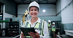 Factory, robotics and face of woman on tablet for assembly line, software update and inspection. Automation, portrait and person on digital tech for system diagnostics, design or technical manual