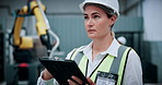 Thinking, robotics and woman on tablet in factory for assembly line, software update and inspection. Automation, online and person on digital tech for system diagnostics, design or technical manual