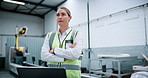 Woman, laptop and thinking at factory for robotics with typing, review and futuristic engineering career. Person, computer and technician with report, machine learning or programming at warehouse