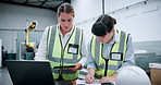 People, engineer and meeting with tablet at warehouse for planning, machine update and advice. Team, writing and notes on production agenda, automation safety and diagnostics report for manufacturing