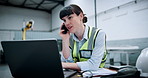 Woman, phone call and laptop at factory for robotics with contact, notes and futuristic engineering career. Person, smartphone and technician for feedback, machine learning and talk at warehouse